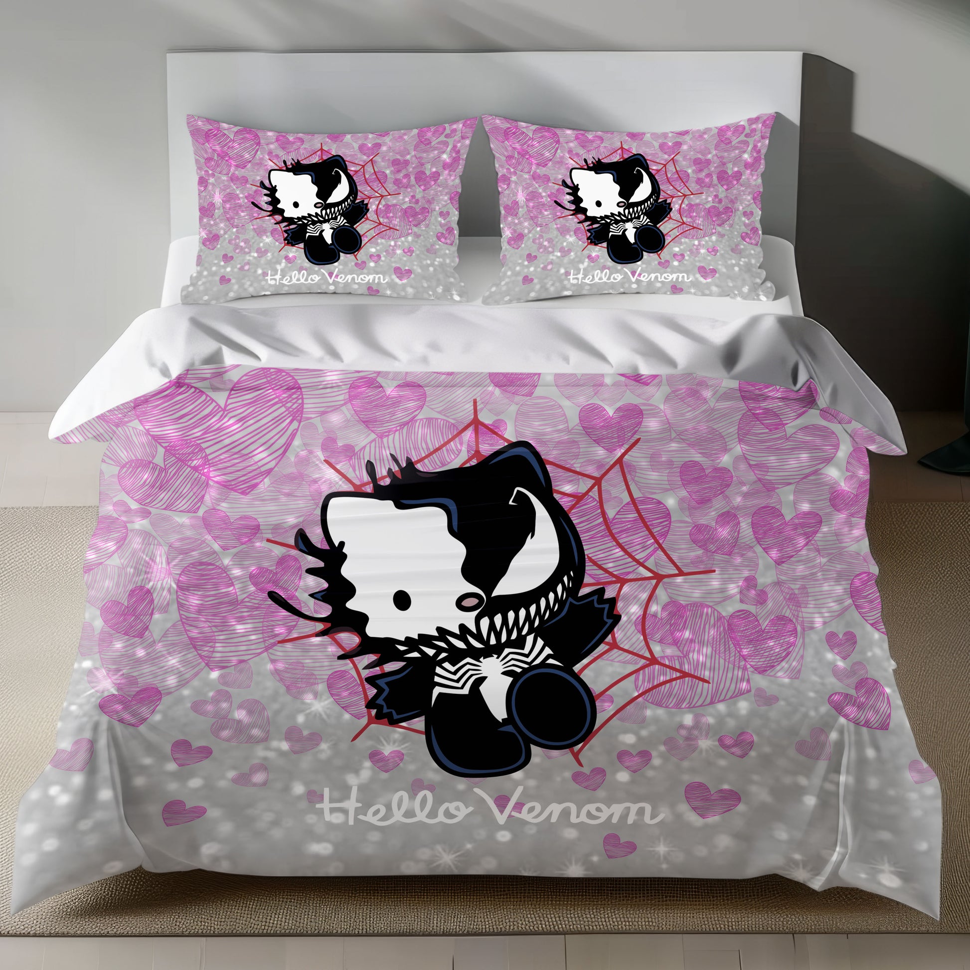 Hello Kitty Venom Linen Bedding Set with Hello Kitty in Venom symbiote design on a pink heart background