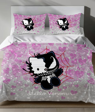 Hello Kitty Venom Linen Bedding Set with Hello Kitty in Venom symbiote design on a pink heart background