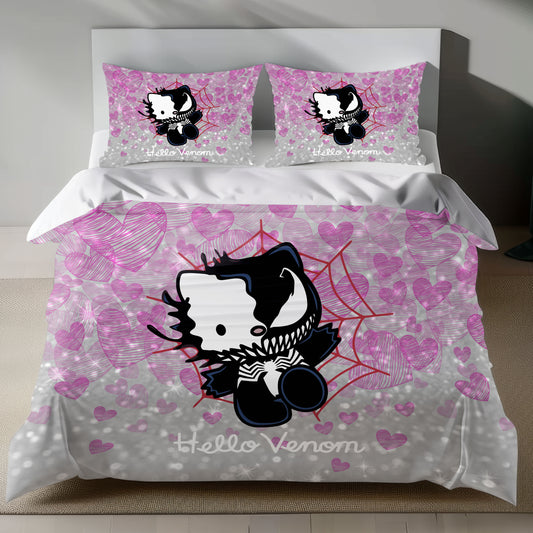 Hello Kitty Venom Linen Bedding Set with Hello Kitty in Venom symbiote design on a pink heart background