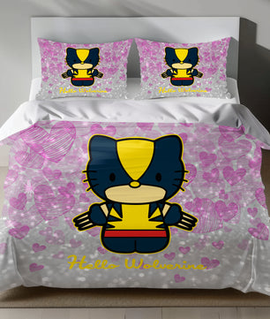 Hello Kitty Wolverine Linen Bedding Set with Hello Kitty in Wolverine costume on a pink heart background