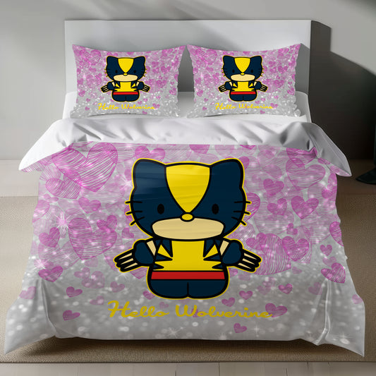 Hello Kitty Wolverine Linen Bedding Set with Hello Kitty in Wolverine costume on a pink heart background