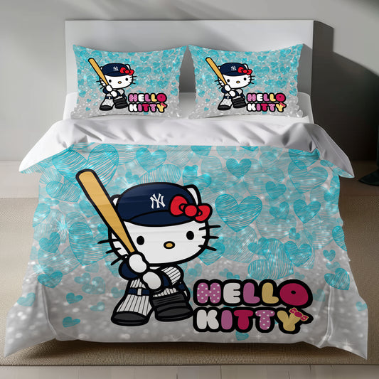 Hello Kitty Yankees Linen Bedding Set with Hello Kitty in a baseball uniform on a silver background