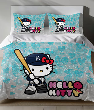 Hello Kitty Yankees Linen Bedding Set with Hello Kitty in a baseball uniform on a silver background