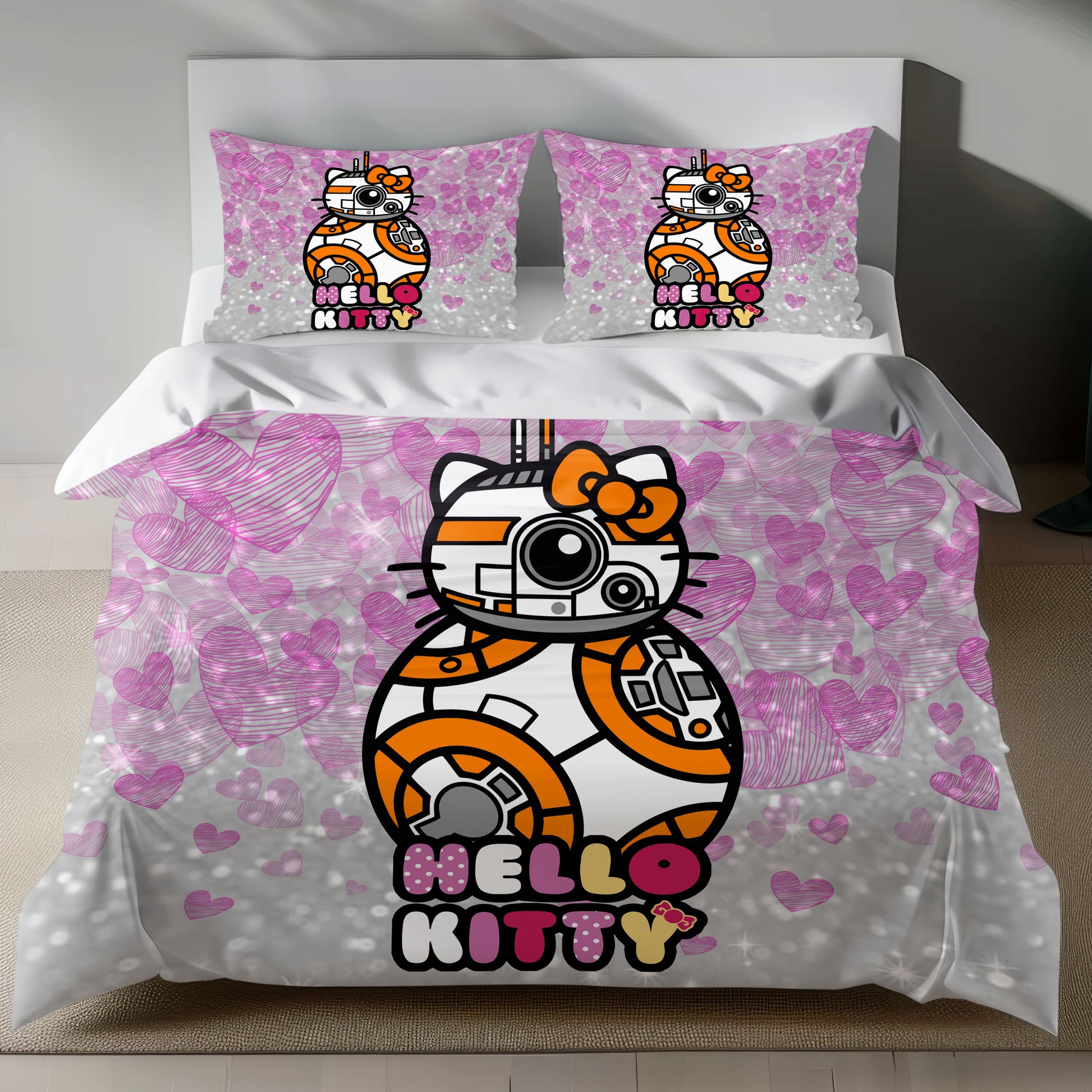 Hello Kitty as BB-8 on pink glittery linen duvet cover with heart patterns