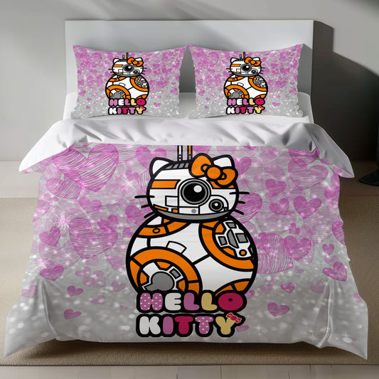 Hello Kitty as BB-8 on pink glittery linen duvet cover with heart patterns