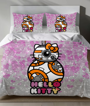 Hello Kitty as BB-8 on pink glittery linen duvet cover with heart patterns