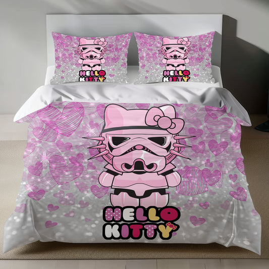 Hello Kitty as Stormtrooper on pink glittery linen duvet cover with heart patterns