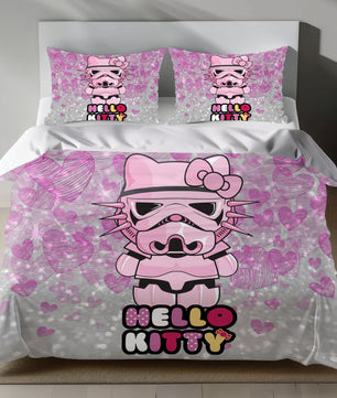 Hello Kitty as Stormtrooper on pink glittery linen duvet cover with heart patterns