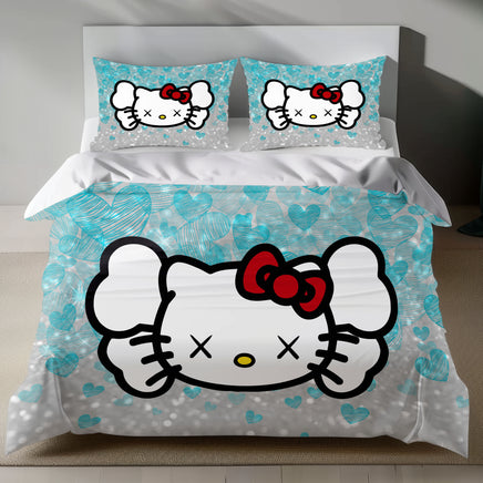Hello Kitty Bedding Set - Cute Duvet Cover with Heart Patter 4pcs - Bedding Sets