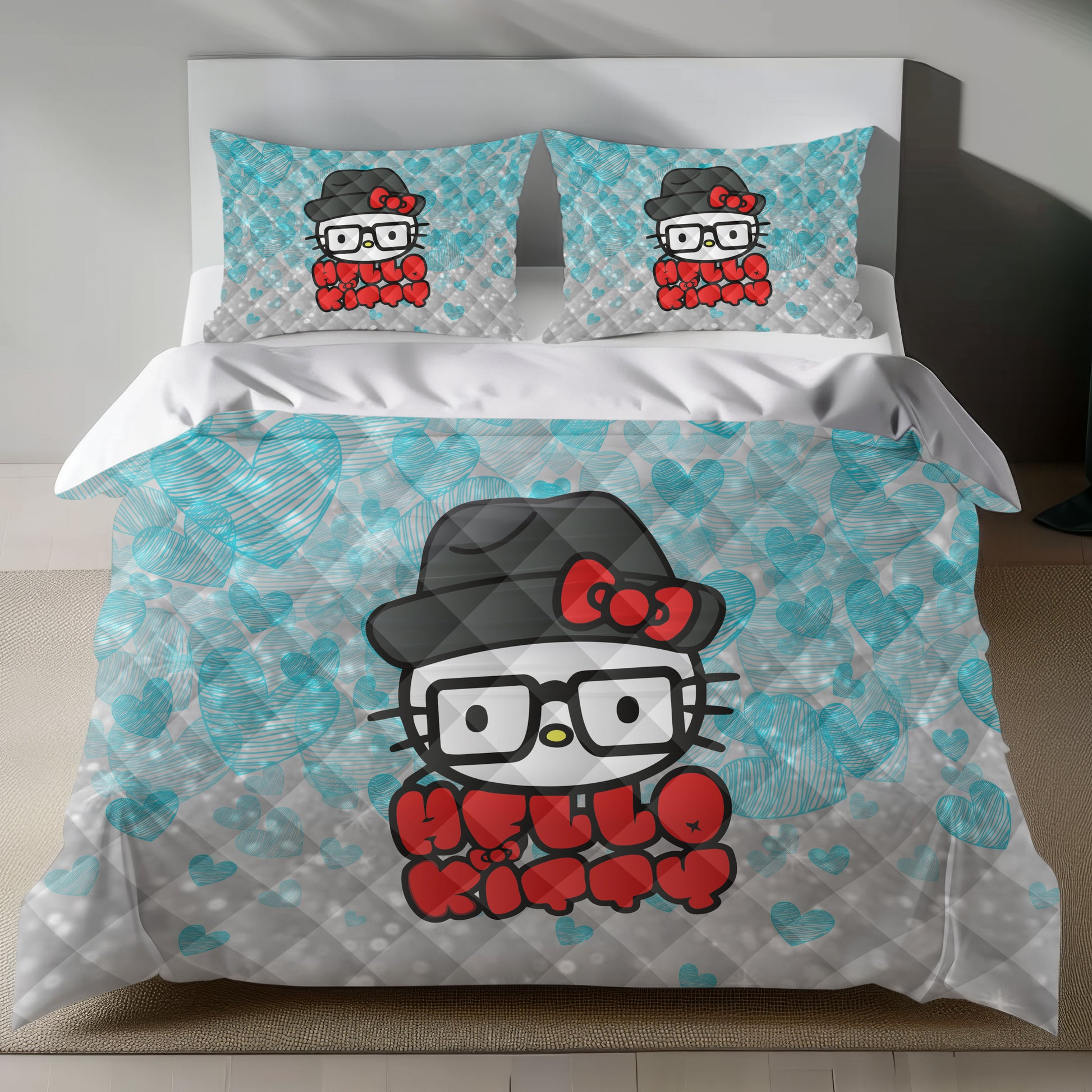 Hello Kitty bedding set with hipster design, featuring Hello Kitty with hat and glasses on a light blue heart-patterned background.