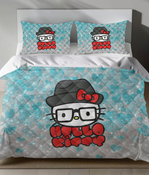 Hello Kitty bedding set with hipster design, featuring Hello Kitty with hat and glasses on a light blue heart-patterned background.