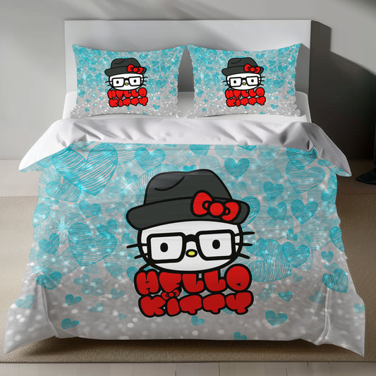 Hello Kitty bedding set with hipster design, featuring Hello Kitty with hat and glasses on a light blue heart-patterned background.