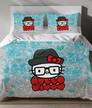 Hello Kitty bedding set with hipster design, featuring Hello Kitty with hat and glasses on a light blue heart-patterned background.