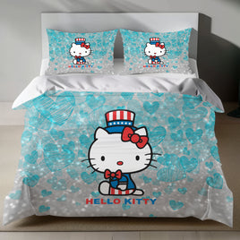Hello Kitty Patriotic Bedding Set - Cute Kawaii Design with Heart Pattern 4pcs - Bedding Sets