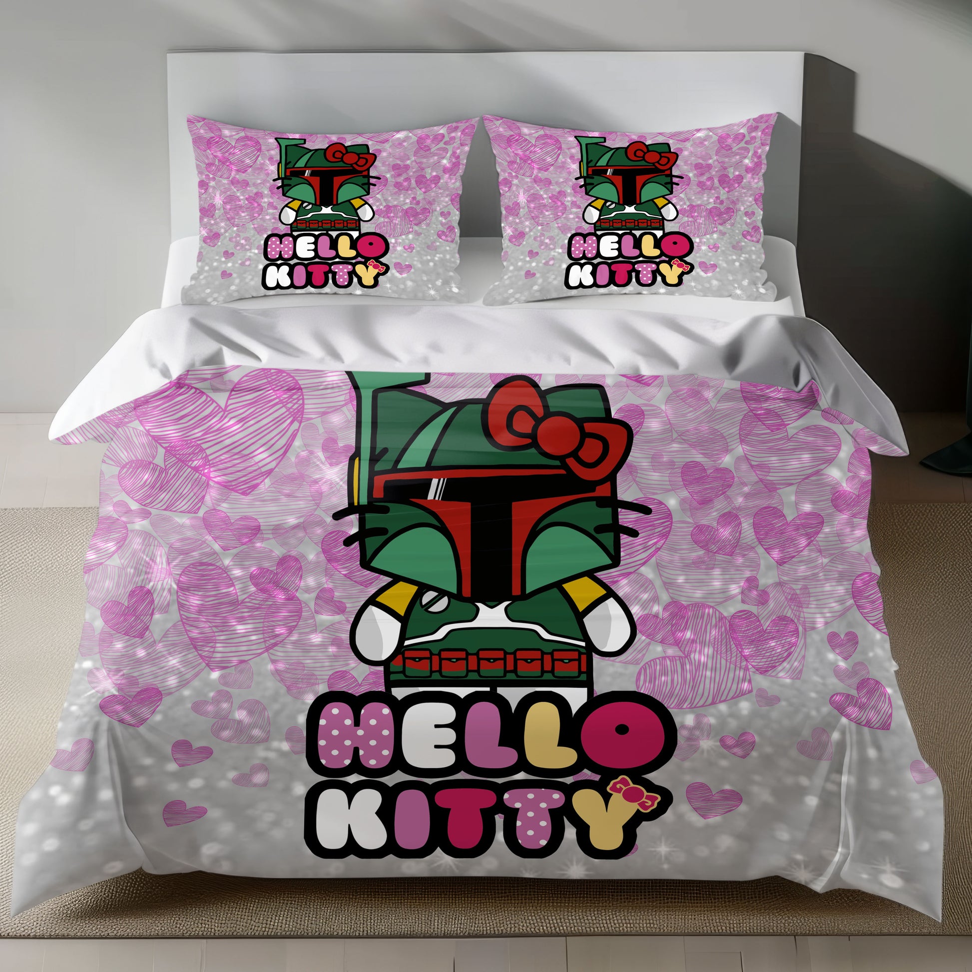 Hello Kitty dressed as Boba Fett on a linen duvet cover with pink hearts and sparkles