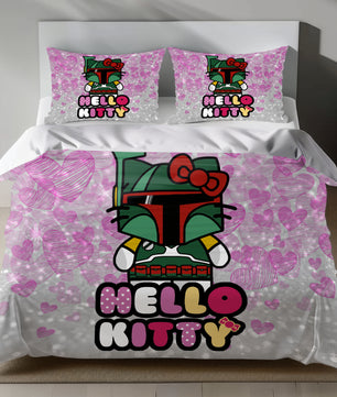 Hello Kitty dressed as Boba Fett on a linen duvet cover with pink hearts and sparkles