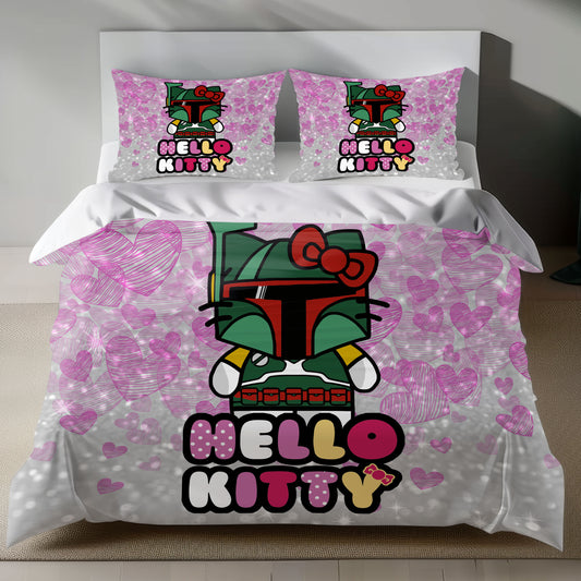 Hello Kitty dressed as Boba Fett on a linen duvet cover with pink hearts and sparkles