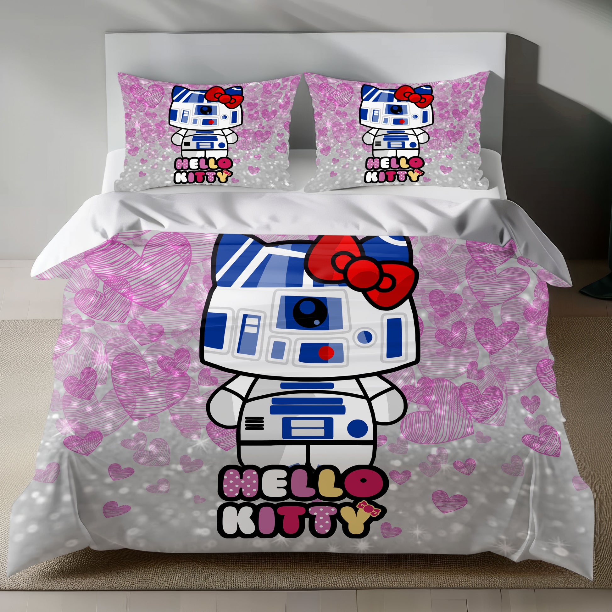 Hello Kitty dressed as R2-D2 on pink glittery linen duvet cover with heart patterns