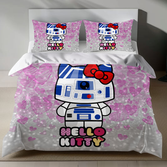 Hello Kitty dressed as R2-D2 on pink glittery linen duvet cover with heart patterns