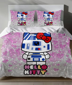 Hello Kitty dressed as R2-D2 on pink glittery linen duvet cover with heart patterns