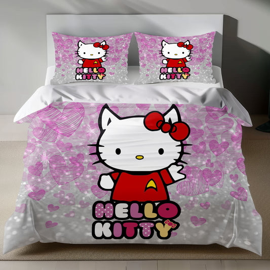 Hello Kitty linen duvet cover set with Starfleet design and glittery pink heart pattern