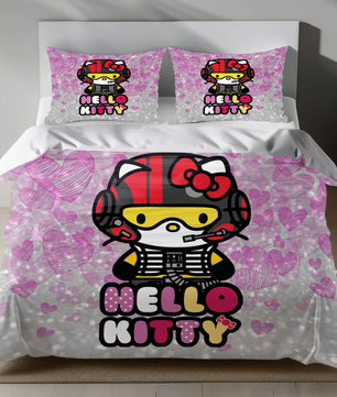 Hello Kitty pilot themed linen duvet cover set with pink hearts and glitter finish