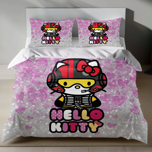 Hello Kitty pilot themed linen duvet cover set with pink hearts and glitter finish