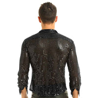 Men Shiny Sequins Shirt Long Sleeve Button Down Disco Party Shirt Night Clubwear Prom Dance Performance Tops Halloween Costumes