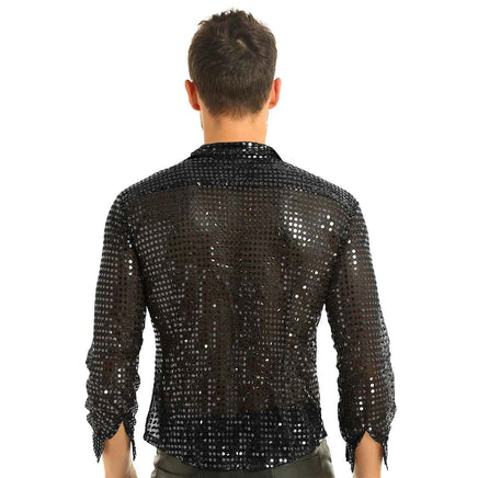 Men Shiny Sequins Shirt Long Sleeve Button Down Disco Party Shirt Night Clubwear Prom Dance Performance Tops Halloween Costumes