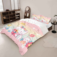 High-quality Hello Kitty bedding set featuring a pink and yellow gradient duvet cover with floral patterns and cartoon character on a cozy bed.