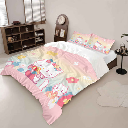 High-quality Hello Kitty bedding set featuring a pink and yellow gradient duvet cover with floral patterns and cartoon character on a cozy bed.