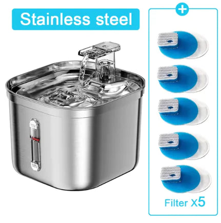 Ultra-Quiet Stainless Steel Cat Fountain with Automatic Sensor & Filter Silver 2.2L-X5 Filter