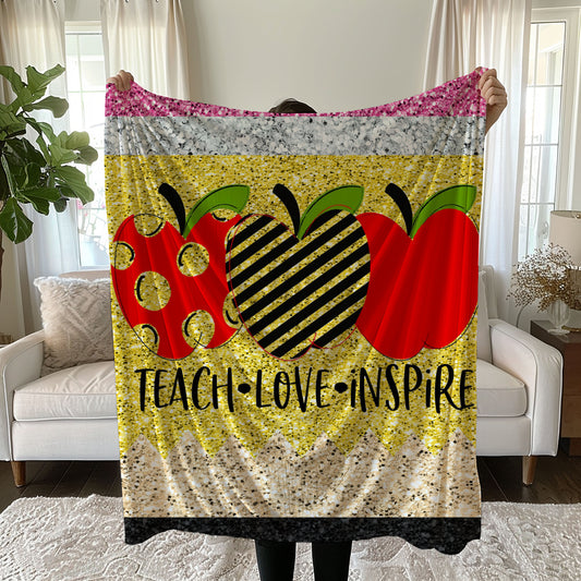 Inspirational teacher linen duvet cover set with "Teach Love Inspire" design and apple motifs on gold glitter background duvet cover