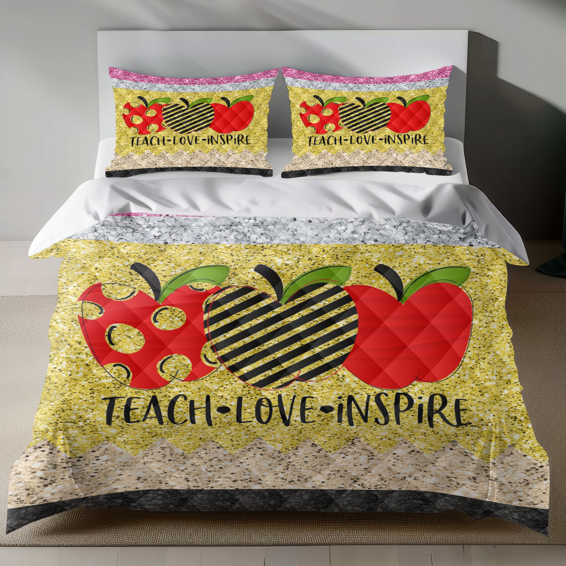 Inspirational teacher linen duvet cover set with "Teach Love Inspire" design and apple motifs on gold glitter background-quilt set