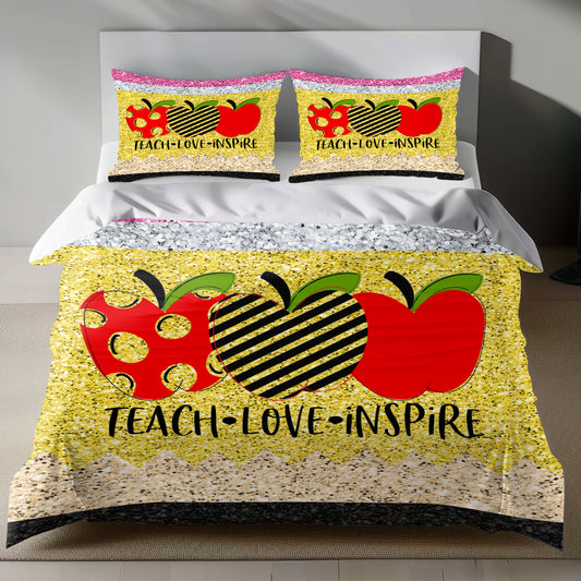 Inspirational teacher linen duvet cover set with "Teach Love Inspire" design and apple motifs on gold glitter background