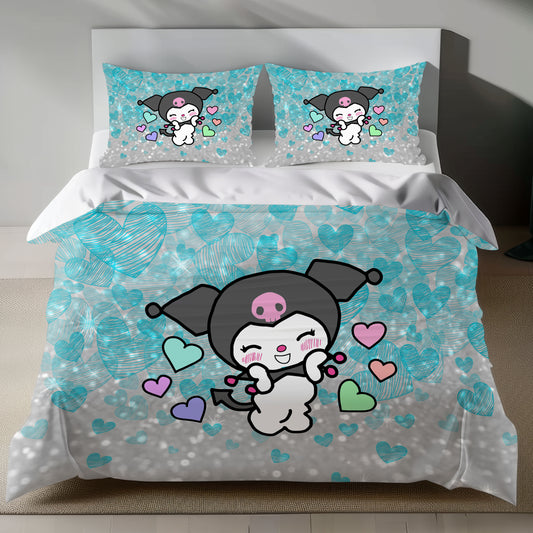 Kuromi Linen Bedding Set with colorful hearts on a silver background