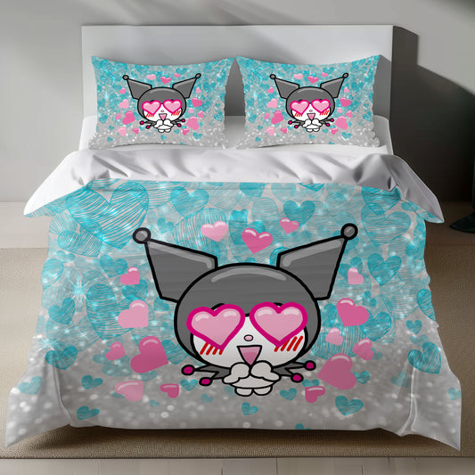 Kuromi bedding set with heart patterns and pink sunglasses design on teal background.