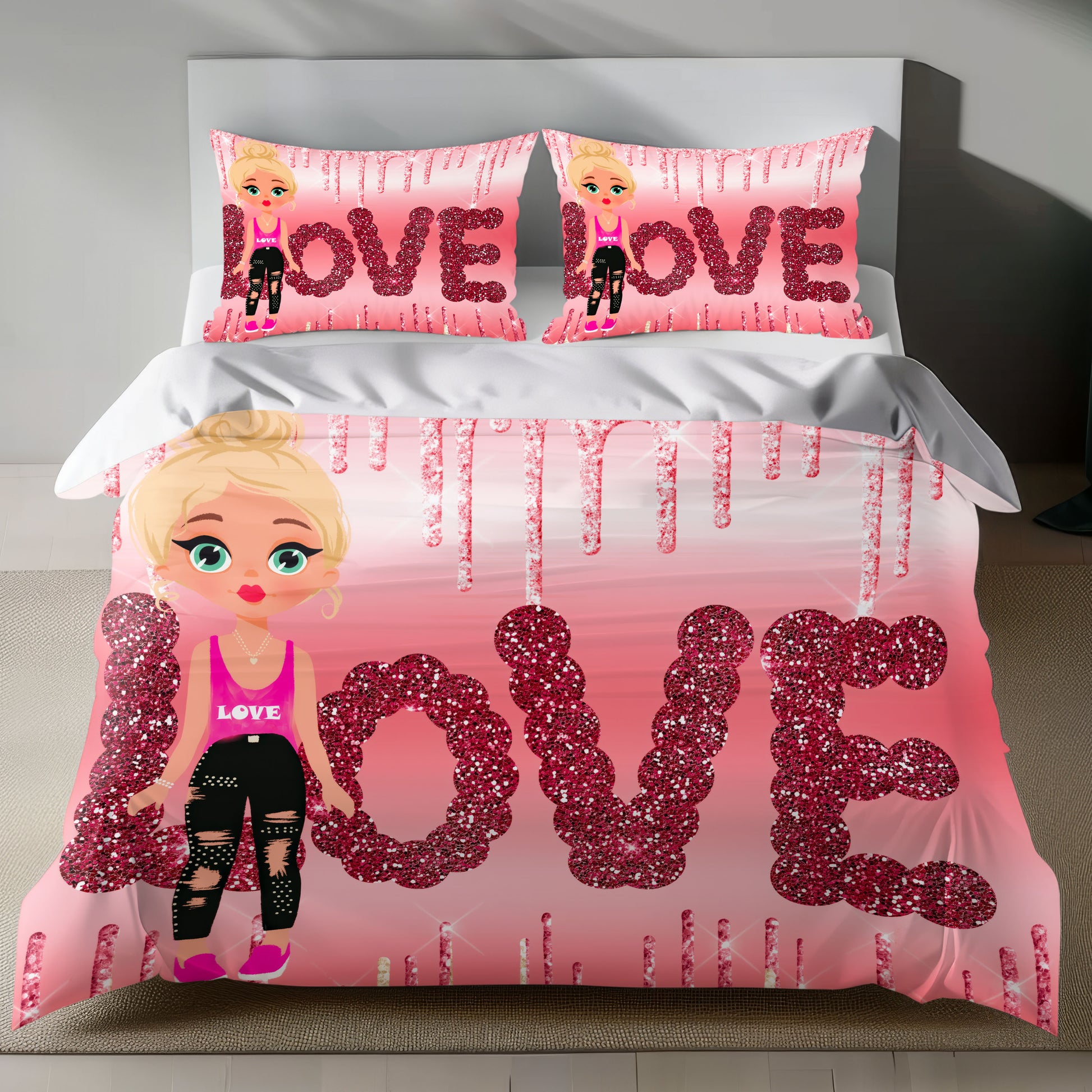 Love Themed Linen Bedding Set with Glittery Pink Design