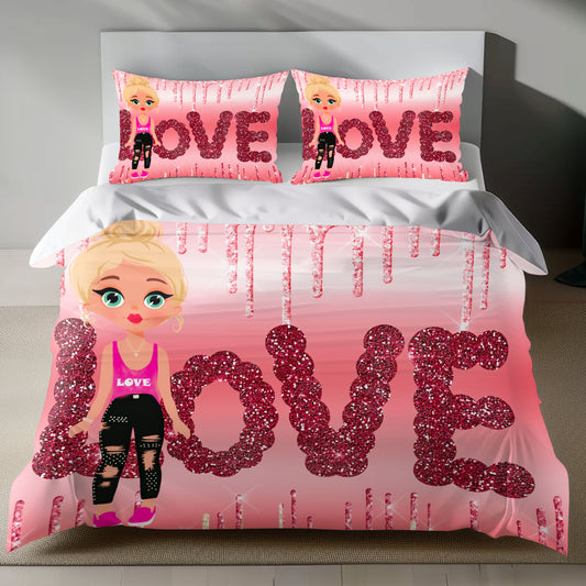 Love Themed Linen Bedding Set with Glittery Pink Design