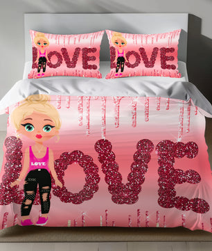 Love Themed Linen Bedding Set with Glittery Pink Design