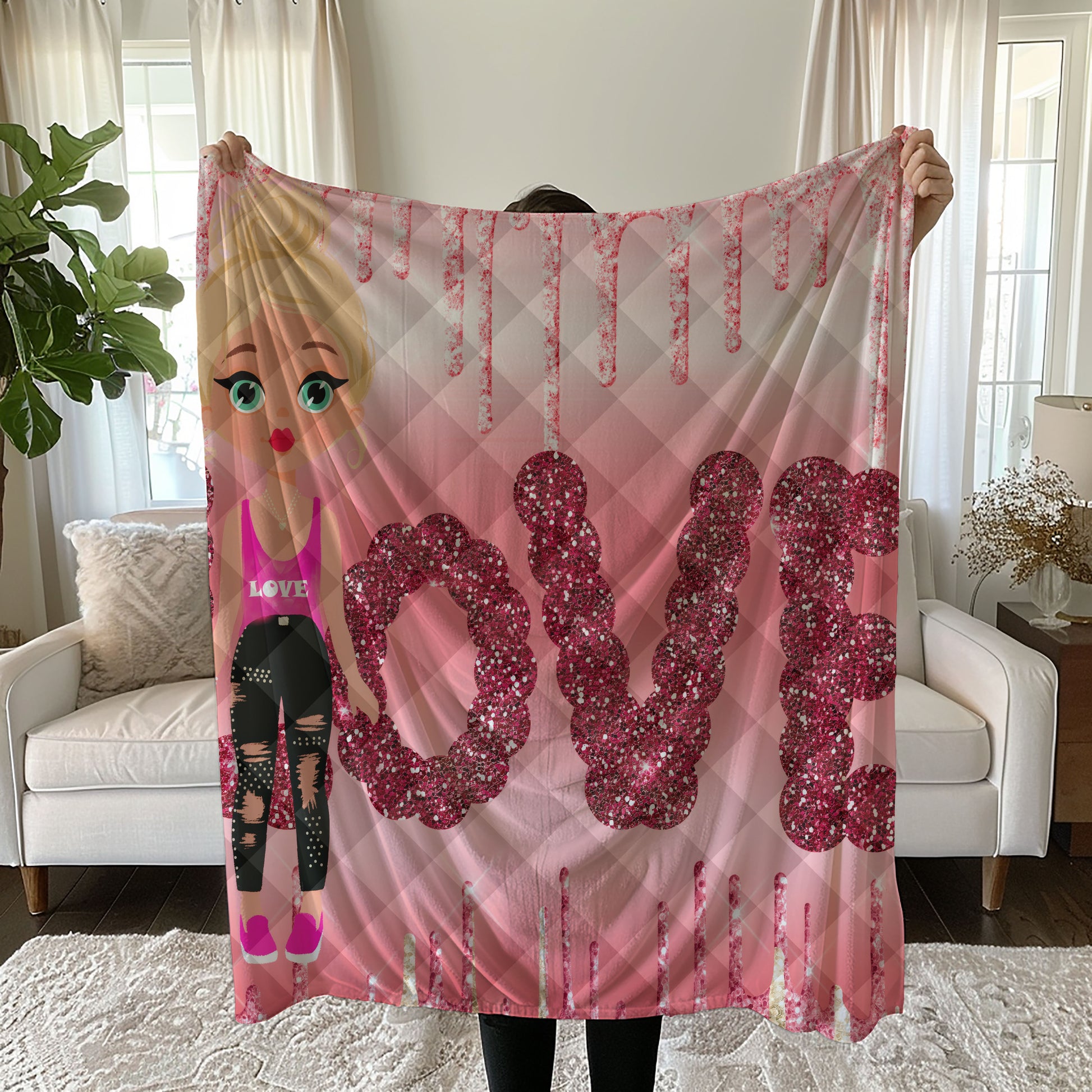 Love Themed Linen Bedding Set with Glittery Pink Design quilt