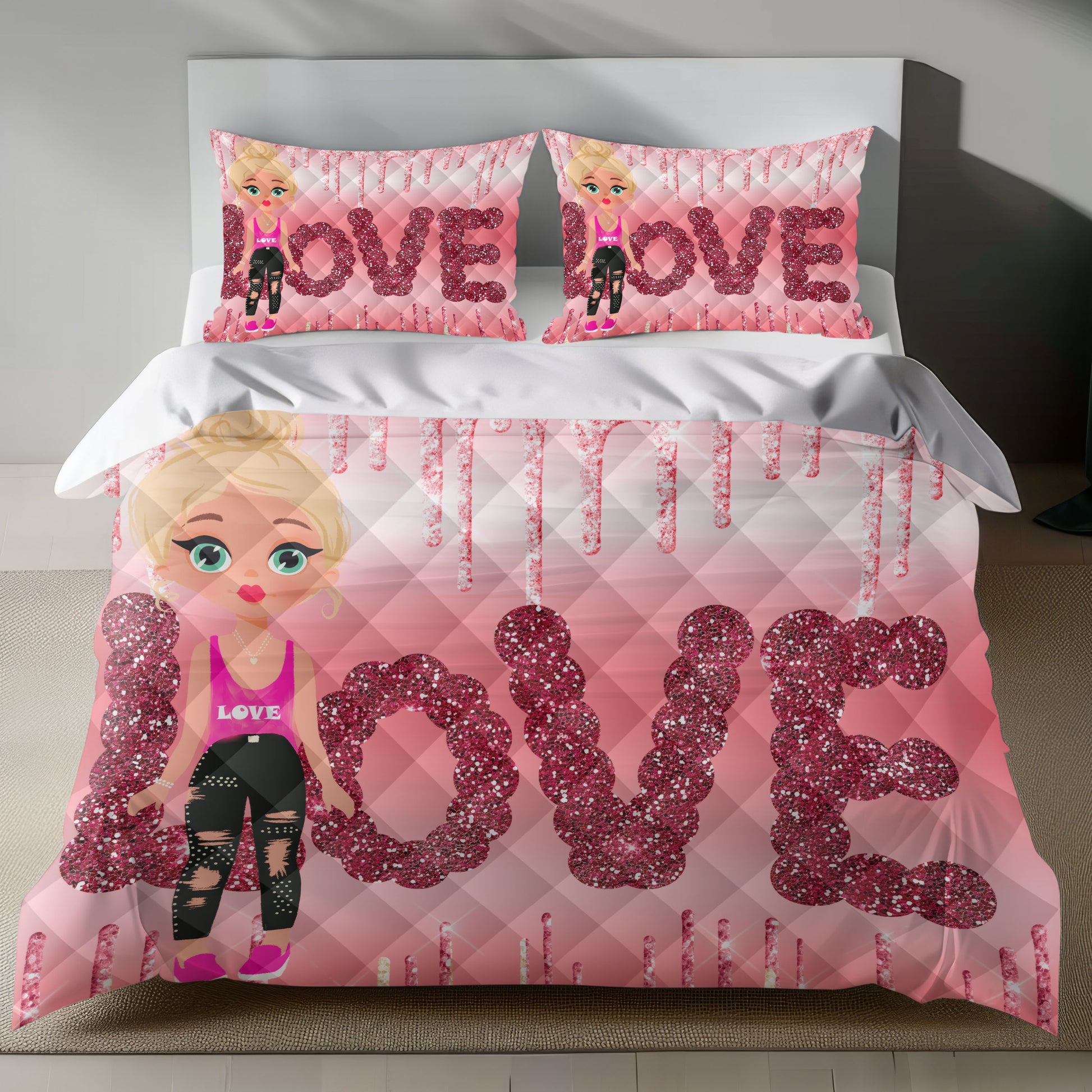 Love Themed Linen Bedding Set with Glittery Pink Design quilt set
