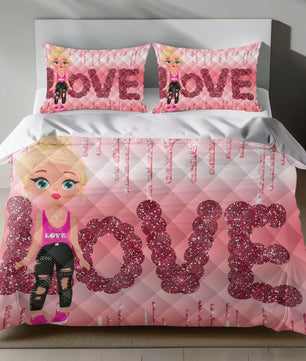 Love Themed Linen Bedding Set with Glittery Pink Design quilt set