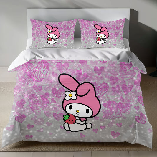 My Melody Strawberry Linen Bedding Set with My Melody holding a strawberry on a pink heart background
