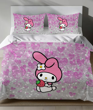 My Melody Strawberry Linen Bedding Set with My Melody holding a strawberry on a pink heart background