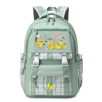 Pokemon Pikachu Men's and Women's Pokemon Schoolbag JK Green# Three Pikachu [Send Pendant +2 Badges]]