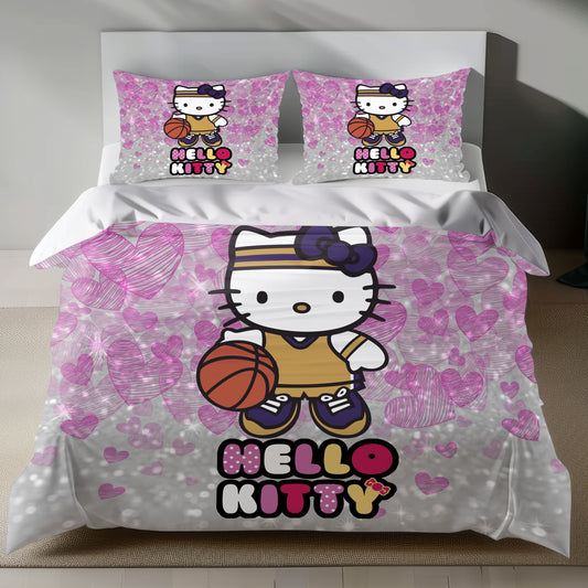 Pink Hello Kitty Bedding Set with Barbie-Inspired Duvet Cover and Pillowcase on Bed
