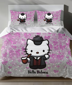 Pink Hello Kitty Sherlock Holmes Bedding Set with Detective Theme Duvet Cover and Pillowcase on Bed
