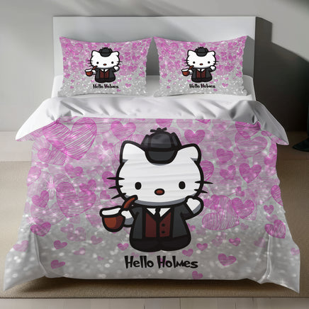 Hello Kitty Sherlock Holmes Bedding Set - Pink Duvet Cover for a Mysterious Bedroom 4pcs - Bedding Sets