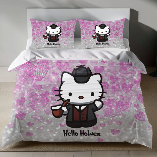Pink Hello Kitty Sherlock Holmes Bedding Set with Detective Theme Duvet Cover and Pillowcase on Bed